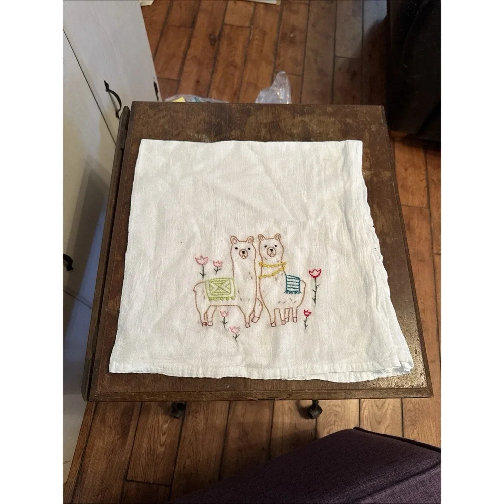 Llamas with Tulips embroidered kitchen towel  Handmade Kitschy‎